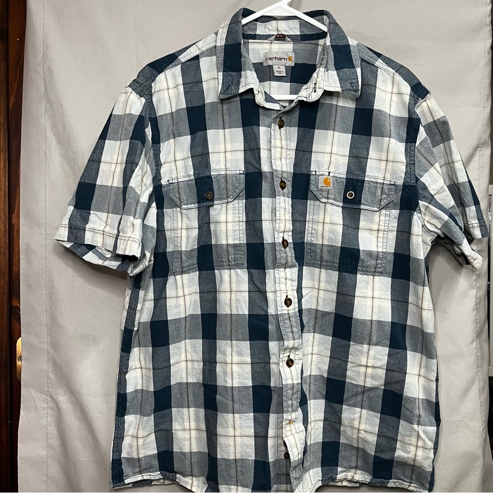 Carhartt 102533 Fort Plaid Mens XL Blue Plaid Chambray Short Sleeve Button Shirt